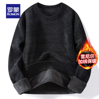 Romon chenille round neck velvet sweater for men 2025 autumn new warm and thickened bottoming sweater for young and middle-aged people, black l (recommended 120-135 jin jin equals 0.5 kg)