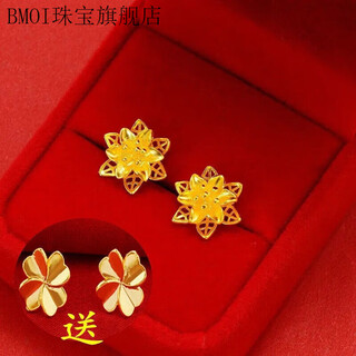Bmoi old phoenix 999 pure gold pure gold earrings for youthful appearance, let a hundred flowers blossom and four-leaf clover love earrings for mom. the more the merrier, the more lilies + four-leaf clover earrings lao feng 1.56