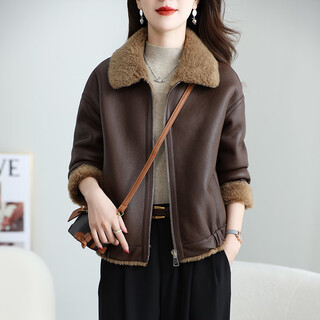 Lism shopping mall same style high-end leather jacket 2025 autumn pure wool fur one-piece women's jacket lamb wool coffee color s 80-115jin jin is equal to about 0.5 kg