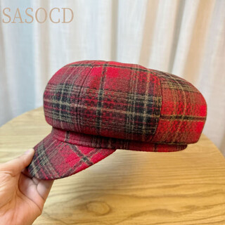 Sasocd red plaid imitation wool octagonal hat women's autumn and winter british retro beret 2025 new retro beret burgundy one size adult 54-60 adjustable