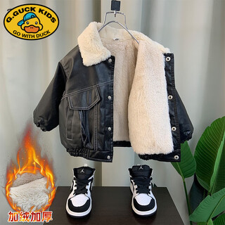 G.duckkids boys leather jackets 2025 new cool handsome baby winter velvet cotton clothes children's autumn and winter clothes thickened jackets black velvet thickened style 100 cm (recommended height is about 95)