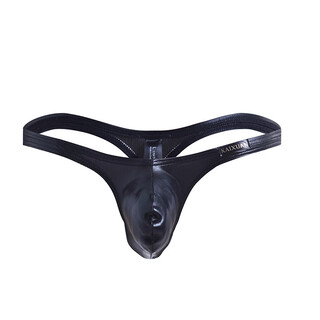Men's patent leather large pouch bulging underwear low waist tight sexy u convex imitation leather t pants leaking buttocks and empty thong panties black s
