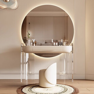 Acrylic dressing table bedroom modern simple high-end cream style internet celebrity large round mirror small apartment dressing table 1.2 single dressing table free stool + internet celebrity large mirror piano paint + acrylic