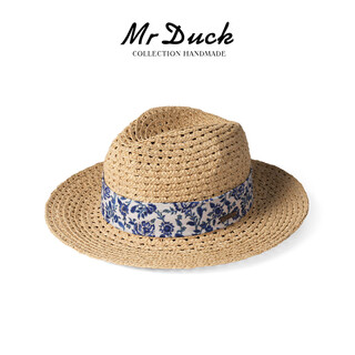 Mr DUCK马达加斯加进口拉菲草 复古巴拿马草帽男女 春夏镂空透气遮阳帽 本草/海蓝之蓝（进口拉菲草） M（55-58cm）
