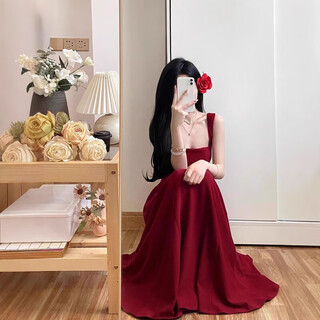 Mu ni red suspender dress women's summer french u-neck waist dress engagement wear toast wear slim red skirt red long skirt burgundy l size