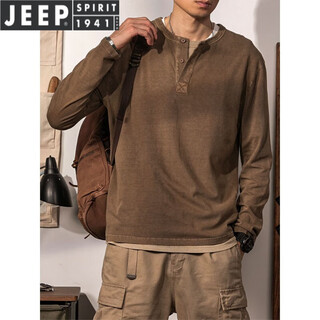 Jeep spirit light luxury jin jin is equal to 0.5 kg. large size men's american retro henley shirt henley collar long-sleeved t-shirt men's solid color bottoming shirt 100 tops. coffee m. recommended 100 jin jin is equal to 0.5 kg.