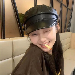 Shijanu new product retro black beret y2k hot girl versatile duck bill painter hat women show face small versatile street black pu leather m (56-58cm)