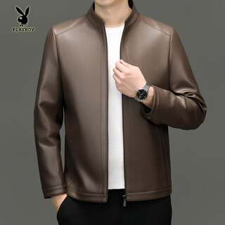 Playboy (playboy) genuine leather jacket men's 2025 autumn and winter velvet thickened soft leather jacket men's middle-aged and elderly dad jacket brown color 4xl 195