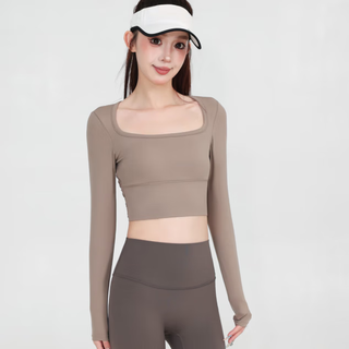 Youyou yoga wear waist slimming fitness long sleeve advanced pilates training top j35088y1u coffee m