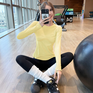 Kejimitao european and american yoga wear women's pilates slim fit high elastic round neck fitness wear long sleeve running quick-drying sports top yellow l