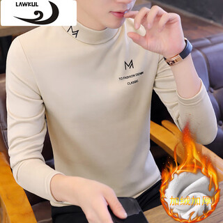 Langgu lawkul long-sleeved t-shirt for men in autumn and winter plus velvet and thickened half turtleneck bottoming shirt trendy slim and warm men's top t7151 khaki xl