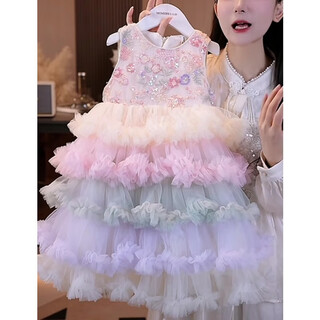 Decorated wen girl princess dress little girl cake dress summer dress 2025 new sleeveless dress western style children's puff gauze dress rainbow color tank top 110 cm