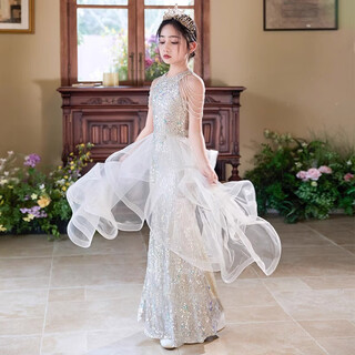 Hanquan girls' catwalk dress, high-end 2025 new sequined fishtail children's birthday dress, small host costume, light champagne color 160, suitable for weight 80-90jin jin is equal to 0.5 kg
