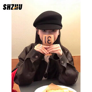 Shizhu black pure wool nibert hat for women in autumn and winter british style newsboy octagonal hat with big head circumference showing face xiaohan fashion elegant black pure wool fashionable and versatile