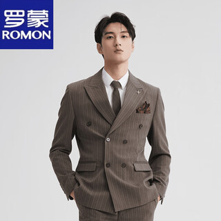 Romon double-breasted striped suit men's suit spring and autumn slim and handsome business formal groom's suit wedding brown single suit m 95-107jin jin equals 0.5 kg