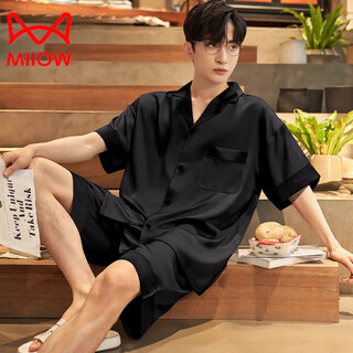 Miiow light luxury pajamas for men summer ice-sleeved short-sleeved pants summer thin silk boys youth student home wear set g542 l (height about 170 weight-130jin jin is equal to 0.5 kg)