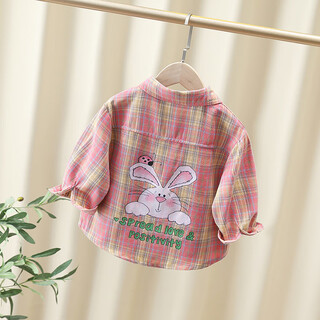 Shanou 2025 spring and autumn new girls plaid shirt children's rabbit thin korean outerwear girl long sleeve shirt xmt pink 100