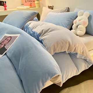 Blanket quilt winter four-piece milk velvet bed thickened coral velvet double-sided plus velvet flannel three-piece bed set baby blue + light gray double-sided warm velvet skin-friendly and delicate bed cover 220x240cm milk velvet quilt cover single piece