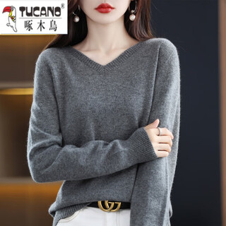Woodpecker sweater women's pure 2025 spring and autumn new v-neck sweater loose pullover long-sleeved velvet knitted bottoming shirt gray 2xl