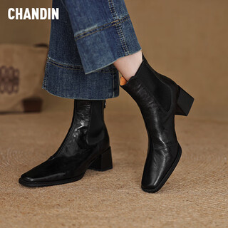 Asamachi autumn and winter thick heel square toe genuine leather sheepskin commuting short boots women's versatile elastic chelsea boots women's ankle boots black 38