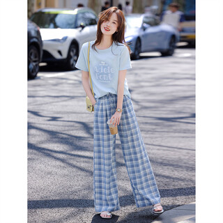 Awakening paradise korean loose slimming letter t-shirt top lace wide-leg pants plaid trousers two-piece casual suit blue s