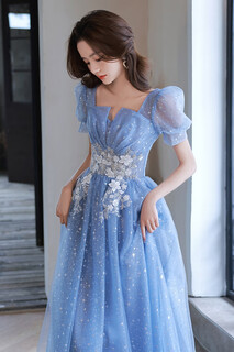 Weixuan evening dress for women's annual meeting, light luxury, niche high-end art exam, hosting solo performance, piano performance, blue skirt, blue, m one size fits all
