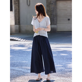 Awakening paradise summer literary style french v-neck hollow slimming linen sweater top mid-waist nine-quarter pants two-piece suit blue s