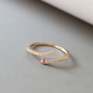 Yibiy korean pure 14k gold ring women's niche design high-end full diamond inlaid snake-shaped personality light luxury snake bone index finger ring ready stock ring no. 10