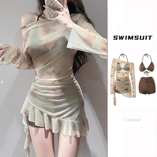 Bo na ling bikini swimsuit women's split long-sleeved blouse three-piece set sexy japanese straps small breasts gathered to cover the belly and slimming brown swimsuit three-piece set (suitable for 80-115 jin jin equals 0.5 kg)