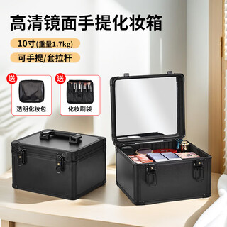 Renjuyi makeup case with mirror and light, portable cosmetics storage box, professional hangable suitcase for makeup artists, full-screen mirror and heightened version, 10-inch fashionable black