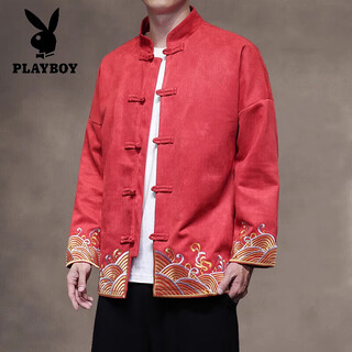 Playboy (playboy) hanfu men's chinese style spring and autumn jacquard long sleeve jacket new chinese tang suit loose large size plate button jacket red 3xl (160-180jin jin equals 0.5kg)