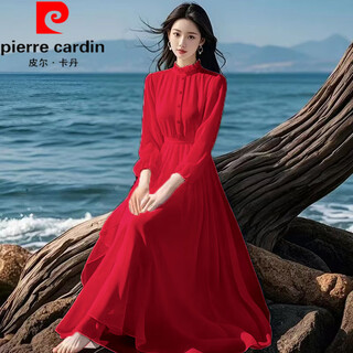 Pierre cardin fashion chiffon dress 2025 new solid color long-sleeved high-end vacation beach and seaside photo long dress red l