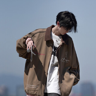 New or mode retro jacket boys spring and autumn new loose casual embroidered baseball uniform american high-level boys jacket brown xl recommended 125-145 jin jin equals 0.5 kg