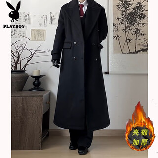 Playboy (playboy) black shoulder woolen coat for men and women in autumn and winter. cotton and thickened long british style knee-length windbreaker woolen coat. black cotton and thickened. xl 145 to 160jin jin is equal to 0.5 kg. can be worn