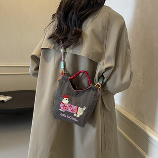 Shunzi 2025 new style japanese embroidery cute bucket bag women's mobile phone bag handbag versatile commuter shoulder crossbody bag cartoon handbag gray 18*18