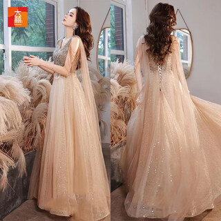 Feiluoman (feiluoman) large size evening dress 200 jin jin is equal to 0.5 kg champagne color large size fat mm 200 jin jin is equal to 0.5 kg evening dress 2025 new adult ceremony host champagne color long dress (back strap) l size (recommended 110 jin jin is about 0.5 kg) one size