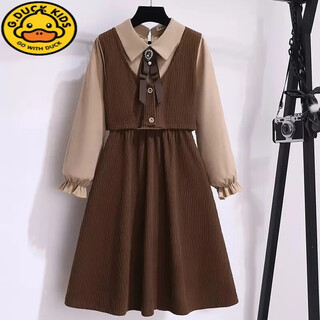 G.duck girls dress spring and autumn new fashionable long-sleeved princess dress girls autumn and winter retro fake two-piece skirt khaki fake two-piece skirt 120 cm