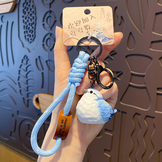 Suntomoon wood carving style cartoon sparrow bird doll keychain cute couple bestie bag pendant trinket key chain gray blue tit