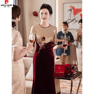 Pierre cardin noble mother-in-law wedding dress women's autumn small middle-aged mother's m dress waist slimming fishtail burgundy m recommended 75-95 jin jin equals 0.5 kg