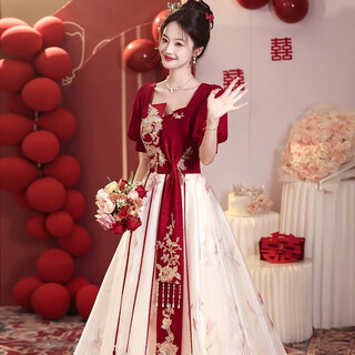 Li baixin chinese toasting dress bride new 2025 autumn and winter engagement wedding dress women's high-end gauze skirt back door evening dress burgundy l recommended 105-110jin jin equals 0.5 kg