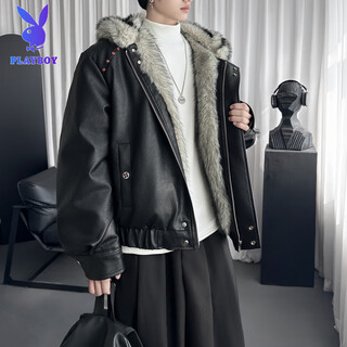 Playboy (playboy) american new style red diamond rivet design hooded leather jacket for men in winter thickened and warm high street handsome cotton coat black xl