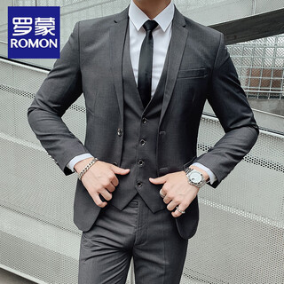Romon suit men's three-piece business professional formal small suit korean version slim groomsman groom wedding dress gray m