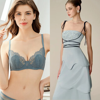 Victoria palace rabbit ears thin bra sexy anti-exposure bump french sexy lace underwear large breast revealing small breast bra cover gray blue 85c/38c with xl size underwear