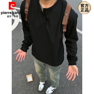 Pierre cardin (pierre cardin) black american henry collar sweatshirt men's summer waffle long-sleeved t-shirt is cool and handsome inner layering shirt black m 105-120jin jin is equal to 0.5 kg