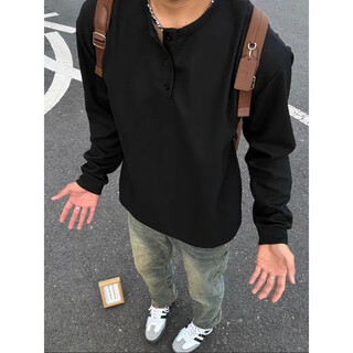 Nying american henry collar long-sleeved t-shirt for men in autumn and winter new trendy brand simple sweatshirt large size loose inner shirt ht24913 black xl (130-150jin jin equals 0.5kg)