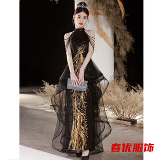 Bajintu black gold halter neck evening dress new style banquet engagement high-end light luxury host art exam performance adult ceremony black gold-halter neck l