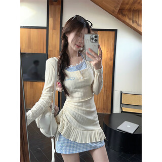 Ono seven days of pure desire sweet hot girl halter neck fake two-piece dress women's 2025 small spring and summer long sleeve knitted hip short skirt apricot m 95-105jin jin is equal to 0.5 kg