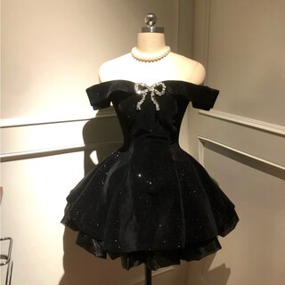French heavy industry fine glitter diamond bow off-shoulder dress summer new temperament fluffy short skirt women dress free chest bow high quality s