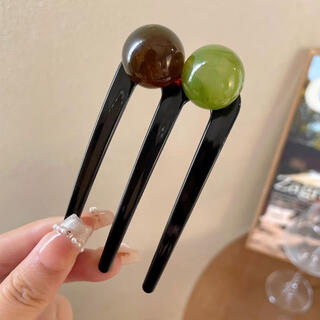 Case makeup chinese valentine's day new chinese style u-shaped beaded three-tooth hairpin for women, chinese-style hairpin, comb ball hairpin, hairpin, coffee green-three-tooth hairpin