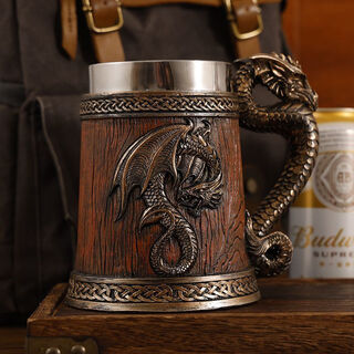 Sailoto medieval retro western dragon totem wooden barrel beer cup western pterodactyl mark coffee cup 600ml faucet wooden barrel beer cup silver 201 steel free